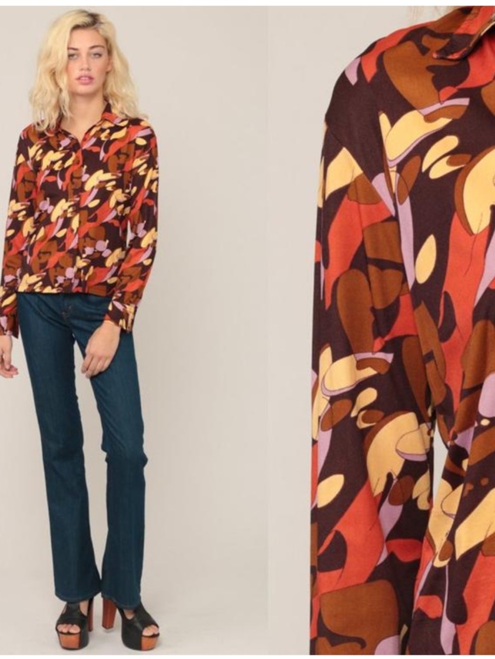 Vintage 70s Disco Psychedelic Button Up Retro Abstract Blouse